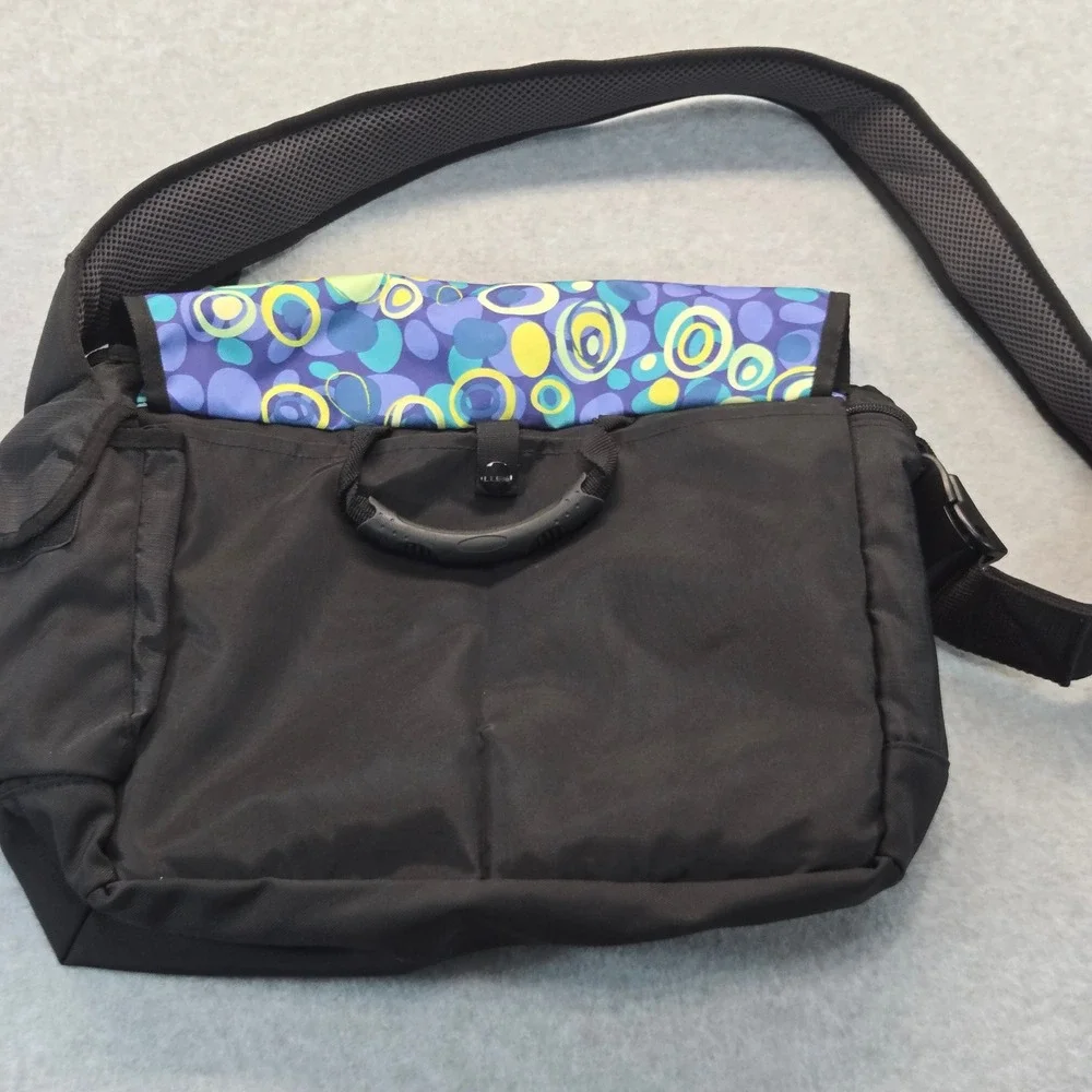 LL Bean Messenger Bag Black Purple Teal Bubble Print Crossbody 0HQV6